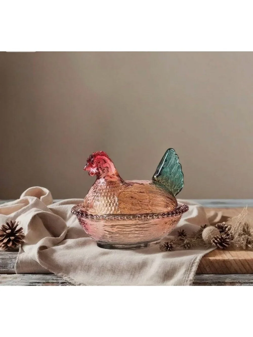 Vintage Glass Hen on Nest Dish with Lid | Large Rooster Candy Bowl, Colorful